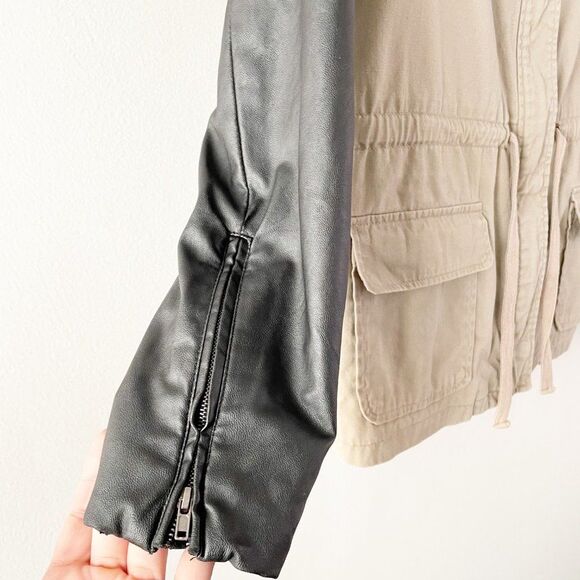 Olive & Oak Tan & Black Mixed Fabric Faux Leather Long Sleeve Full Zip Jacket XS - Picture 2 of 10